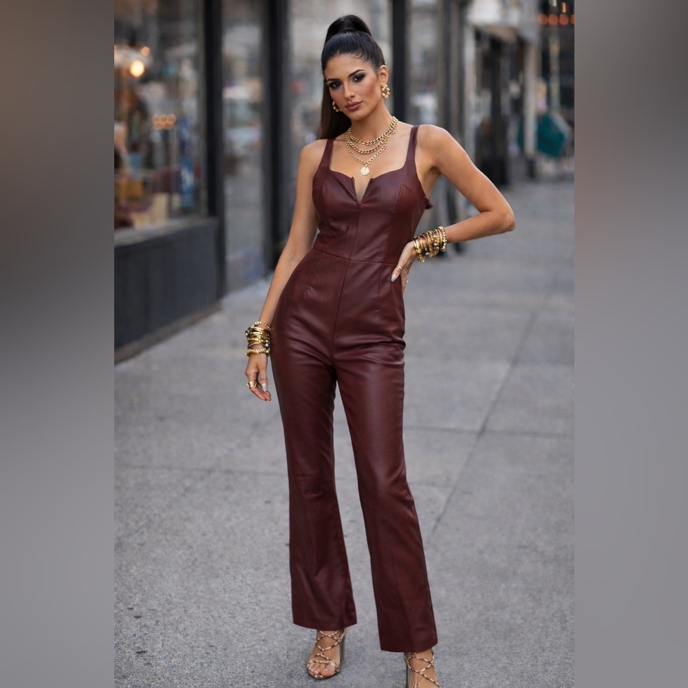 Cider Burgundy Faux Leather Jumpsuit